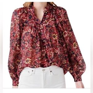 ba&sh Gaelle Sheer Floral Red Yellow Long Sleeve Mock Neck Blouse Size Medium